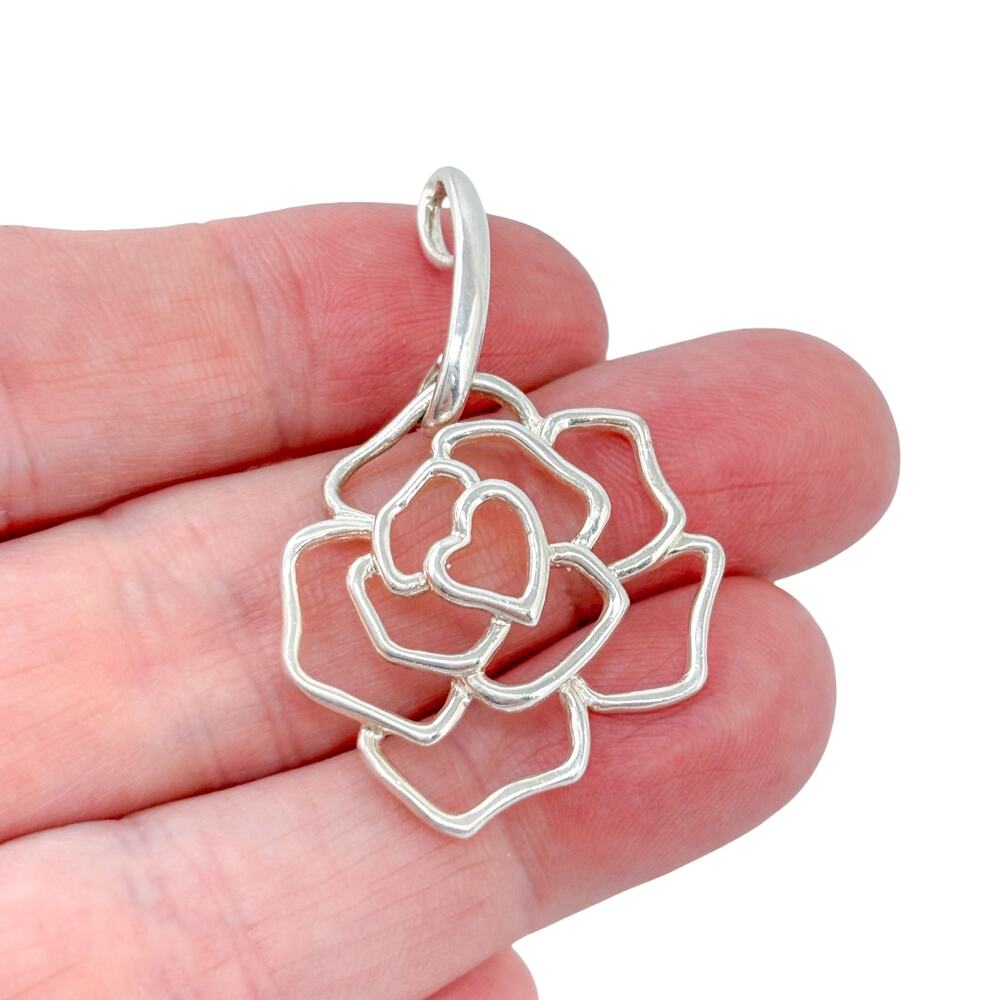 Vintage Sterling Silver 925 Open-Work Dimensional Rose Pendant